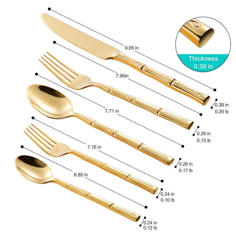 Flatasy Flatware Set Gold Silverware Set with Bamboo Pattern Mirror Polished 20 Pieces Cutlery Set Housewarming Wedding Gift Service for 4 - Image 2